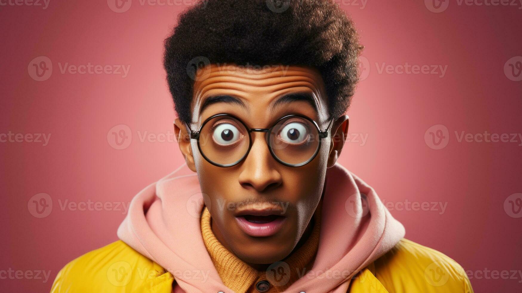 Surprised african american man in yellow jacket and glasses against pink background, close up. photo