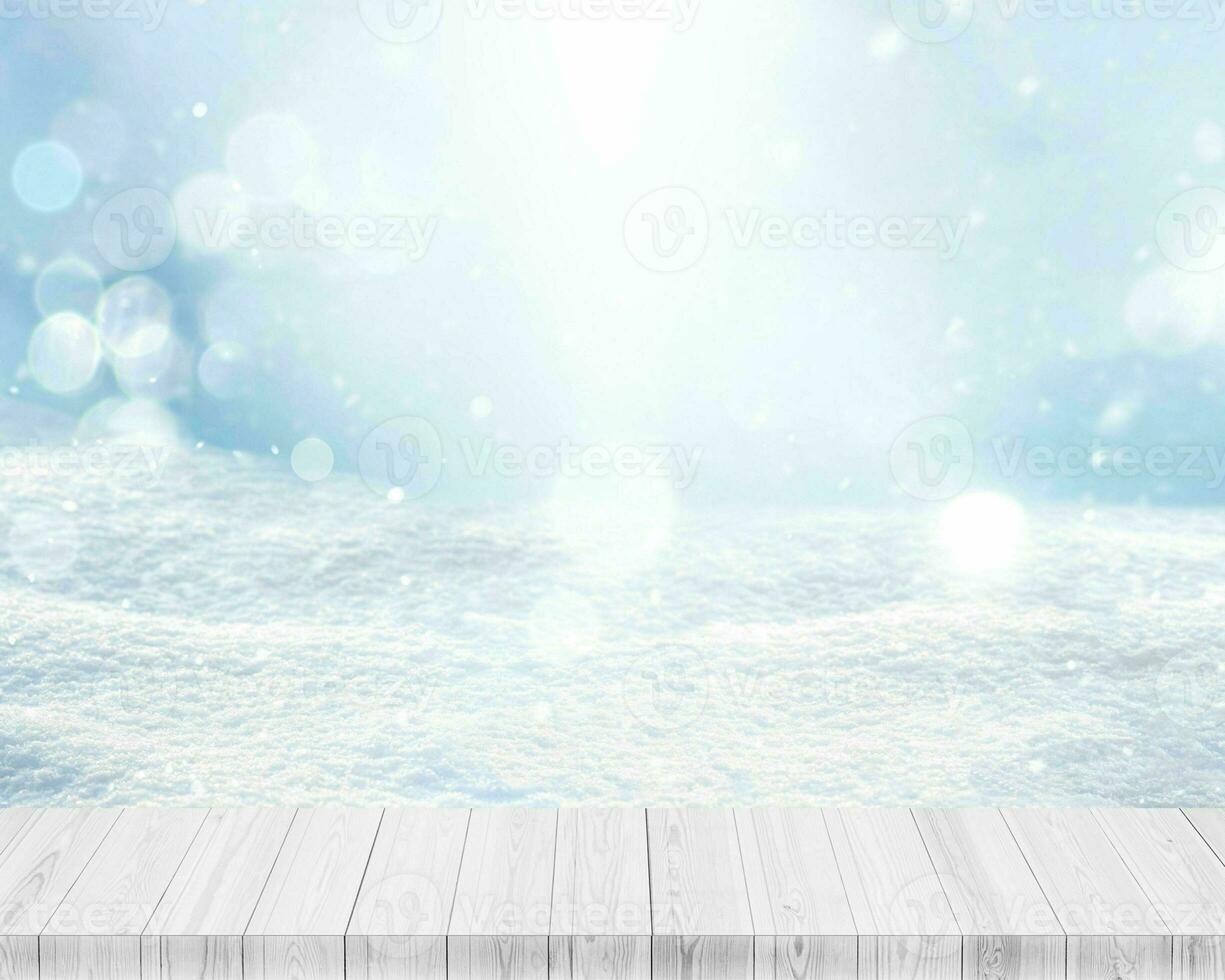 Wooden platform with white light and bokeh background photo