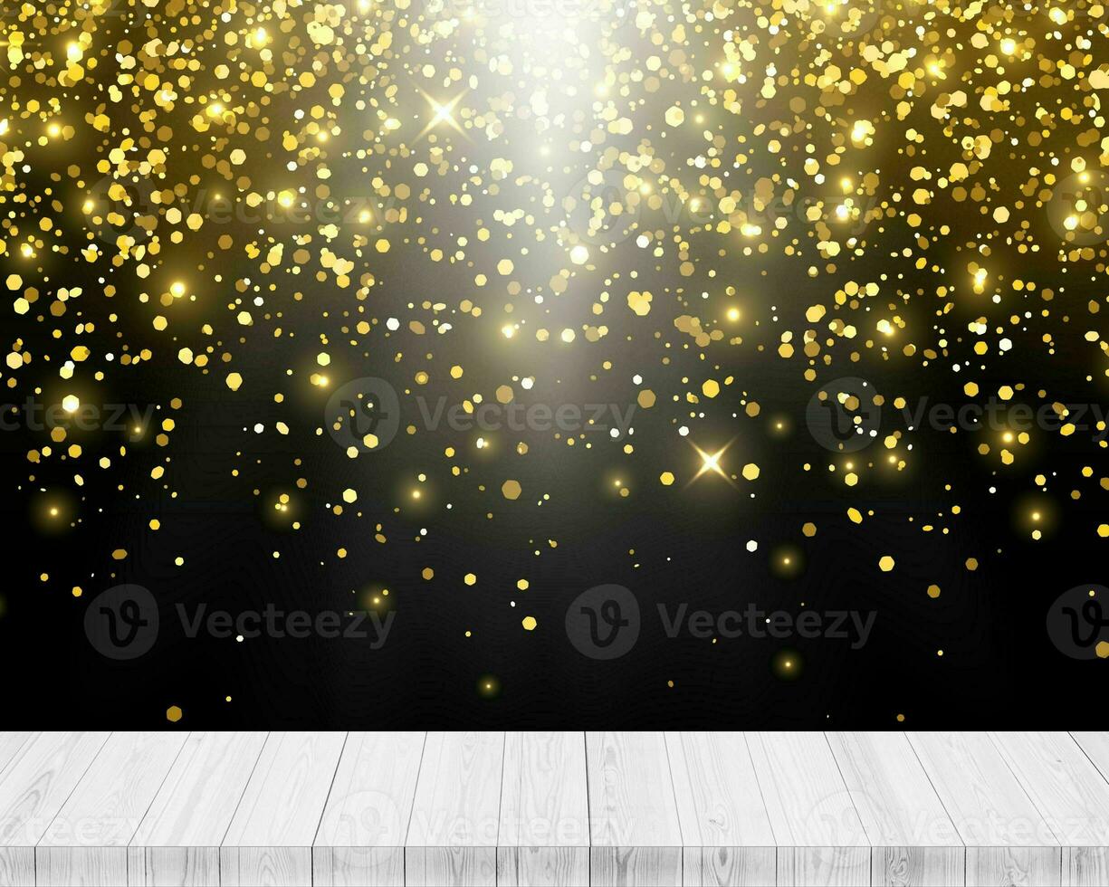 Wooden platform with white  light glitter background photo