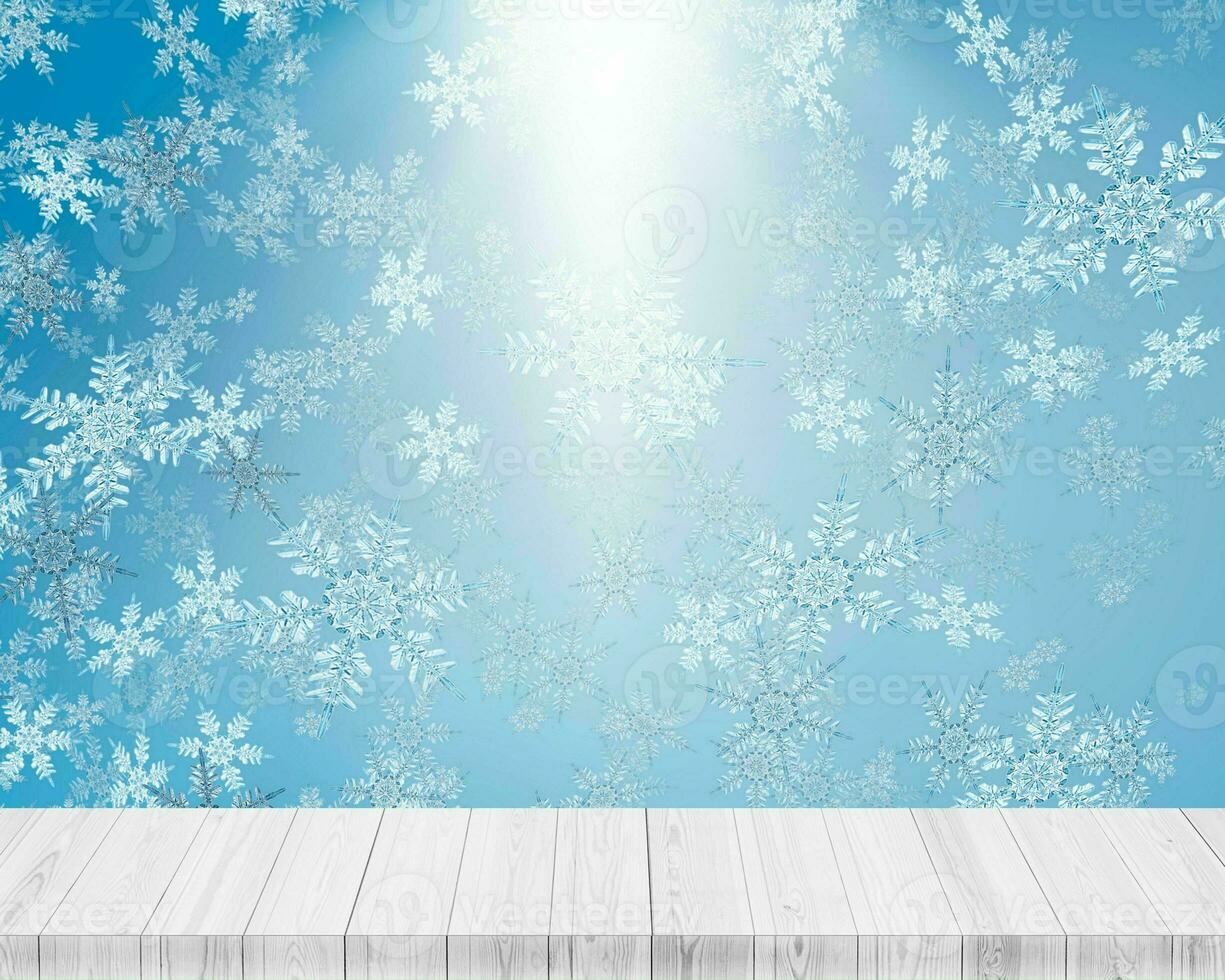 Wooden platform with white light blue snowflake background photo