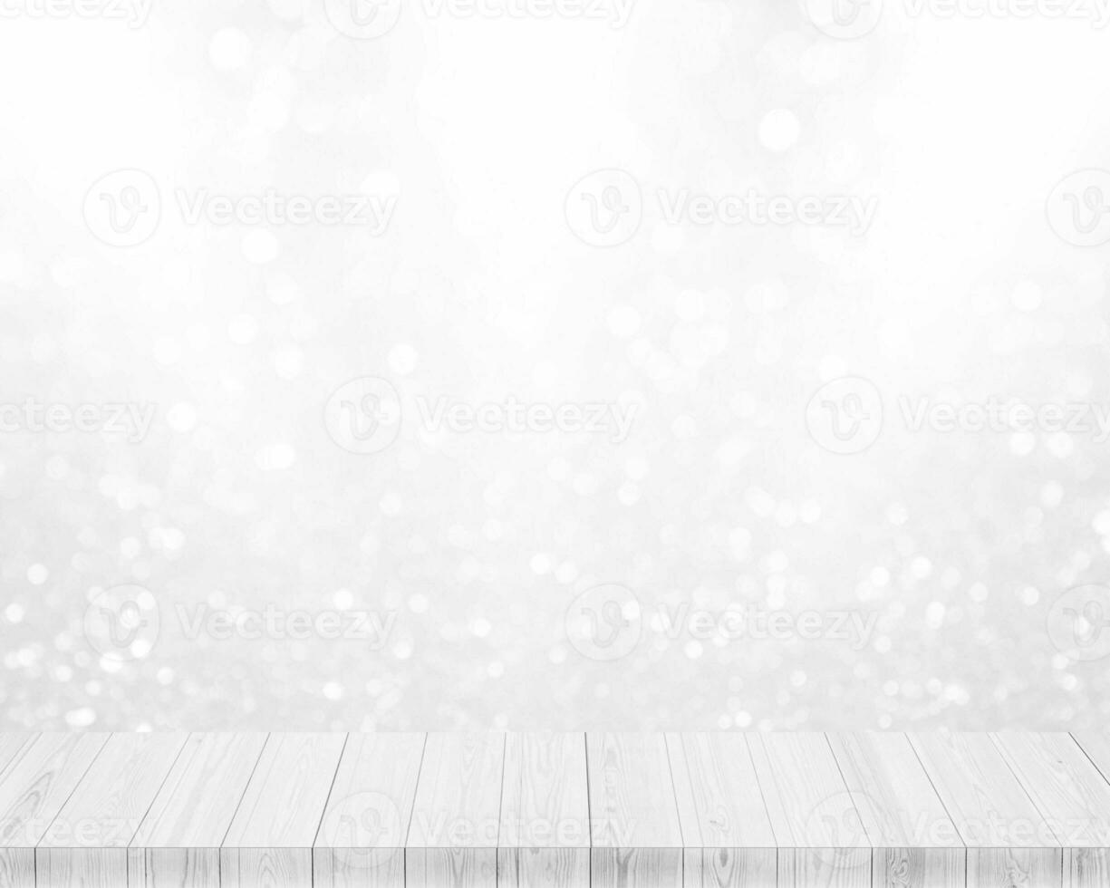 Wooden platform with white light and white glitter background photo