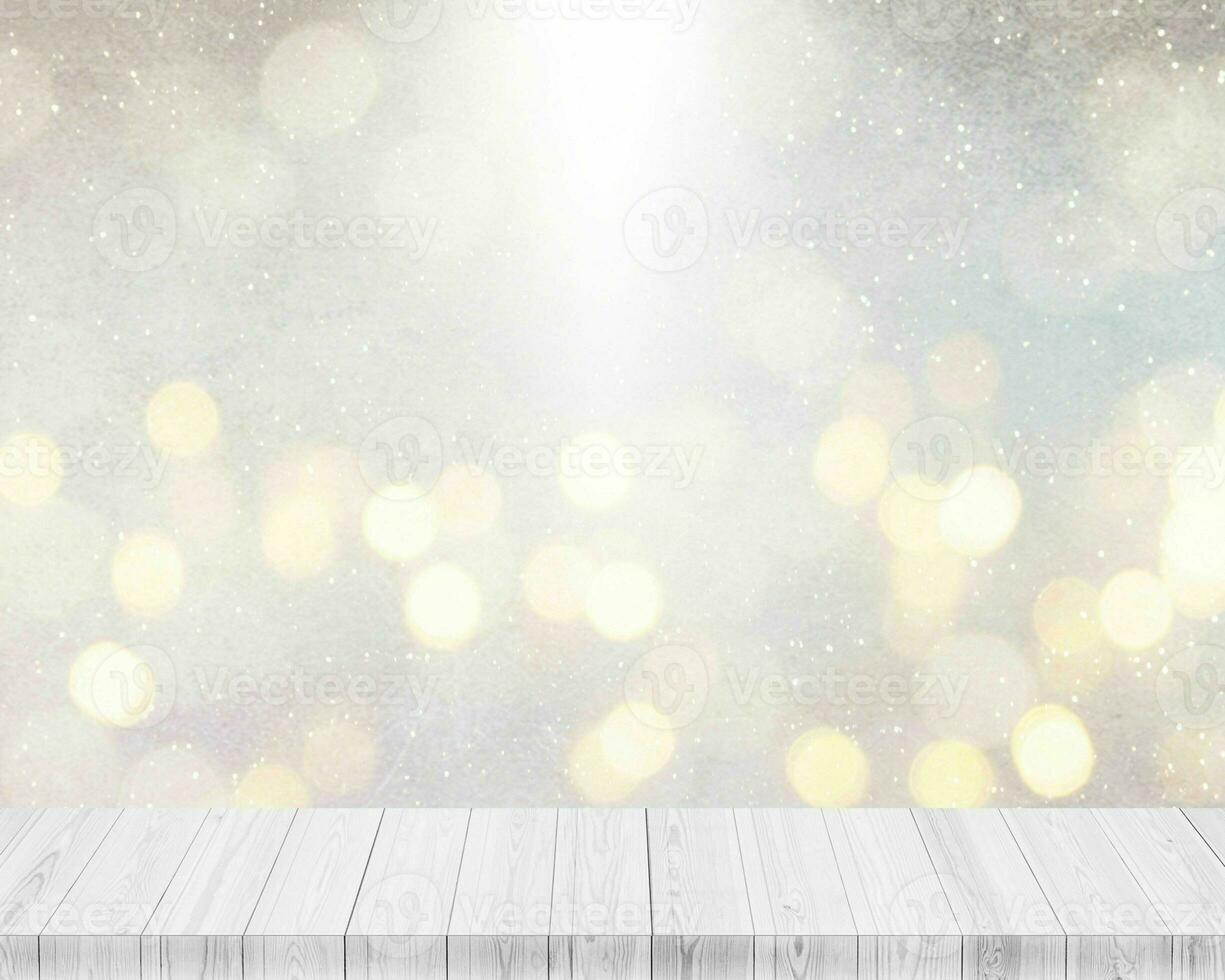 Wooden platform with white light and bokeh background photo