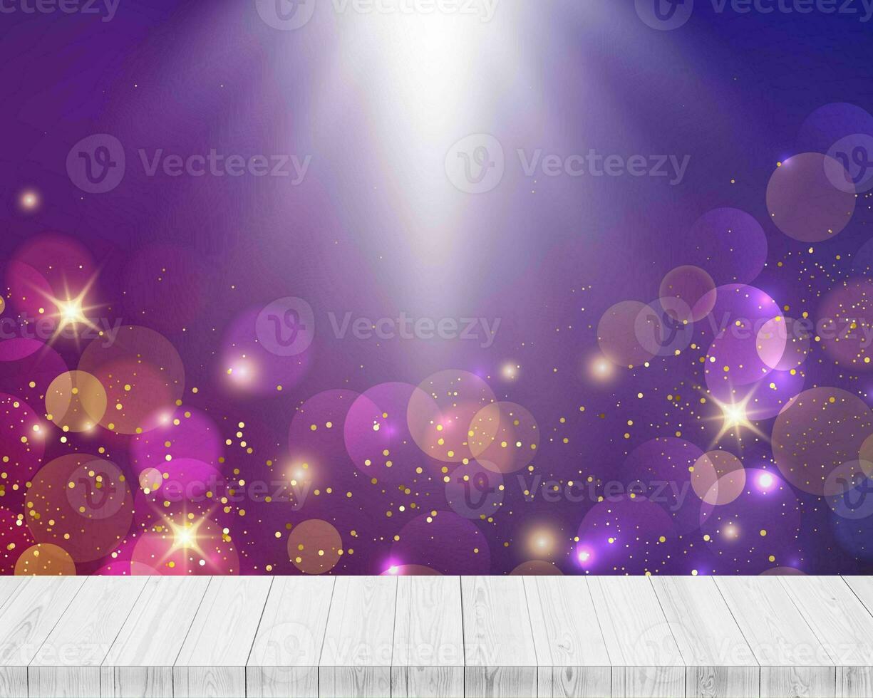 Wooden platform with white light and bokeh background photo