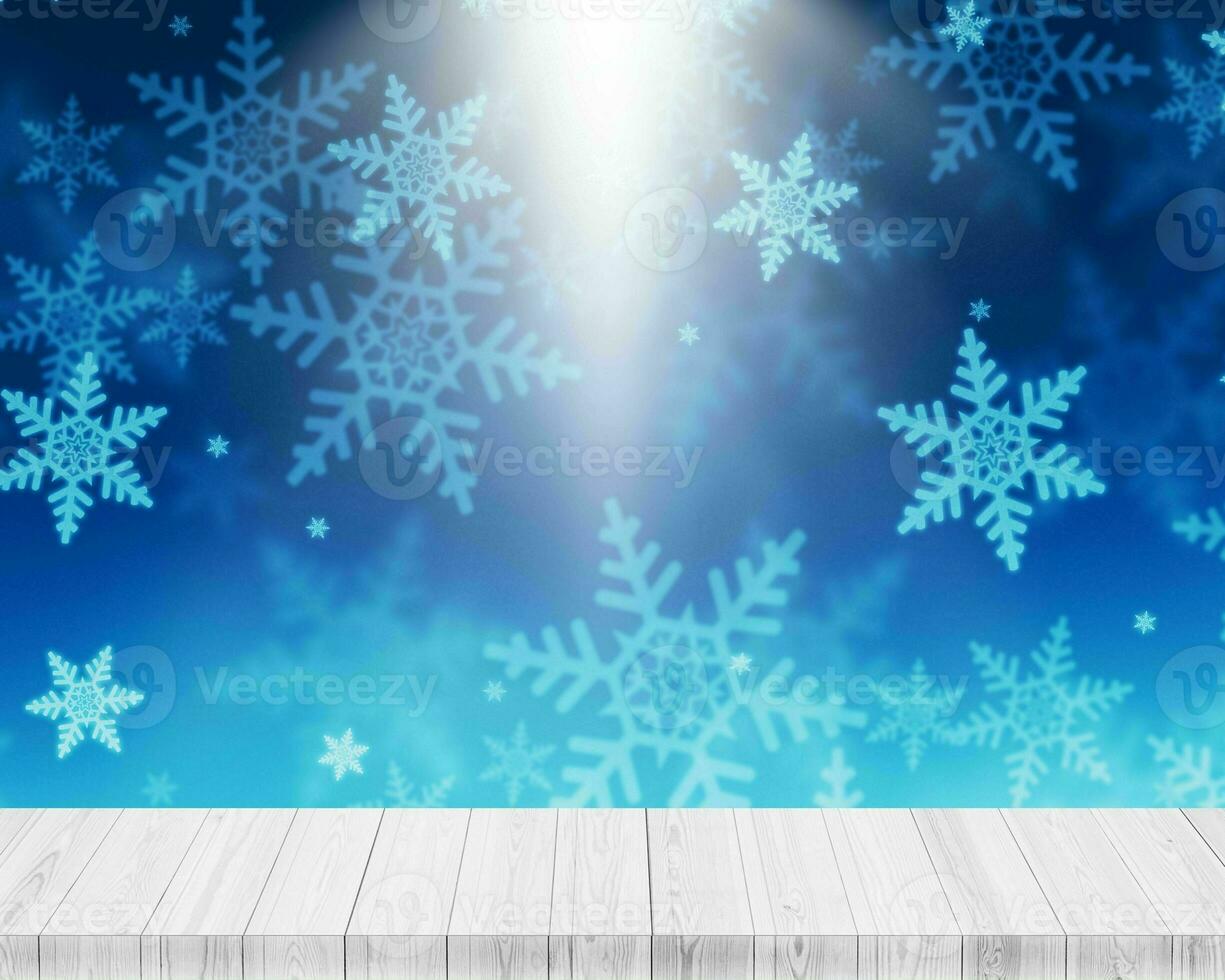 Wooden platform with white light blue snowflake background photo