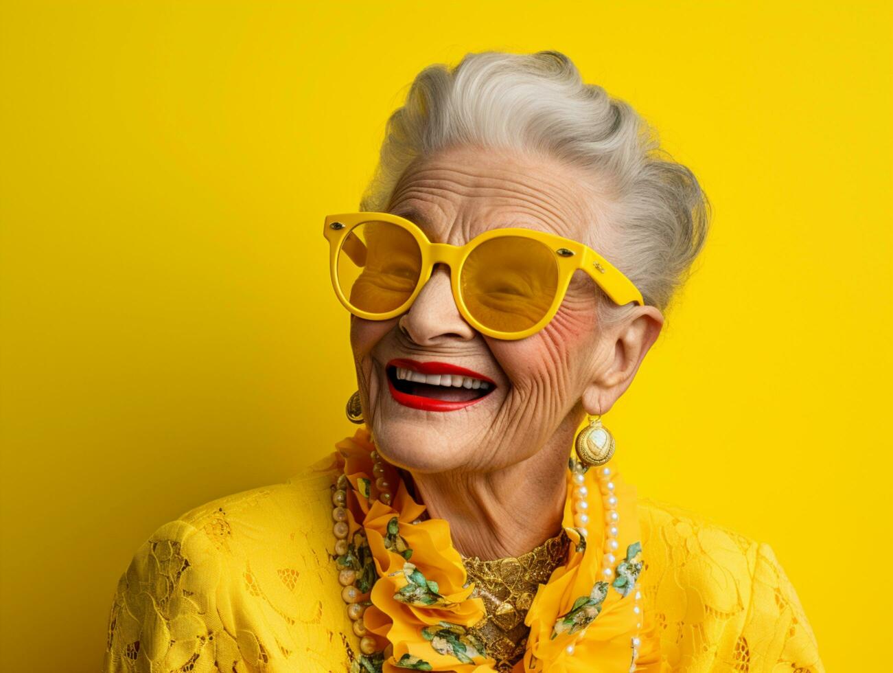 alegre mayor mujer con gris pelo sonriente en amarillo estudio foto