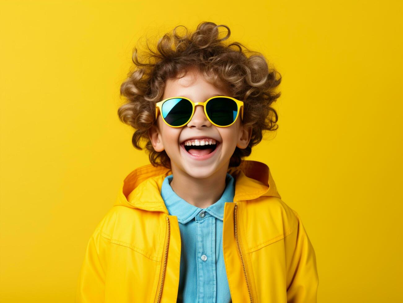 un alegre niño, lleno de felicidad, con un brillante amarillo sonrisa. foto