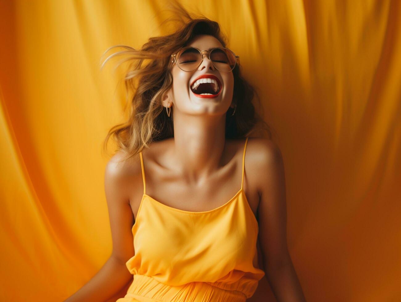 Cheerful Woman with Curly Hair in Retro-Styled Dress Against Yellow Background photo