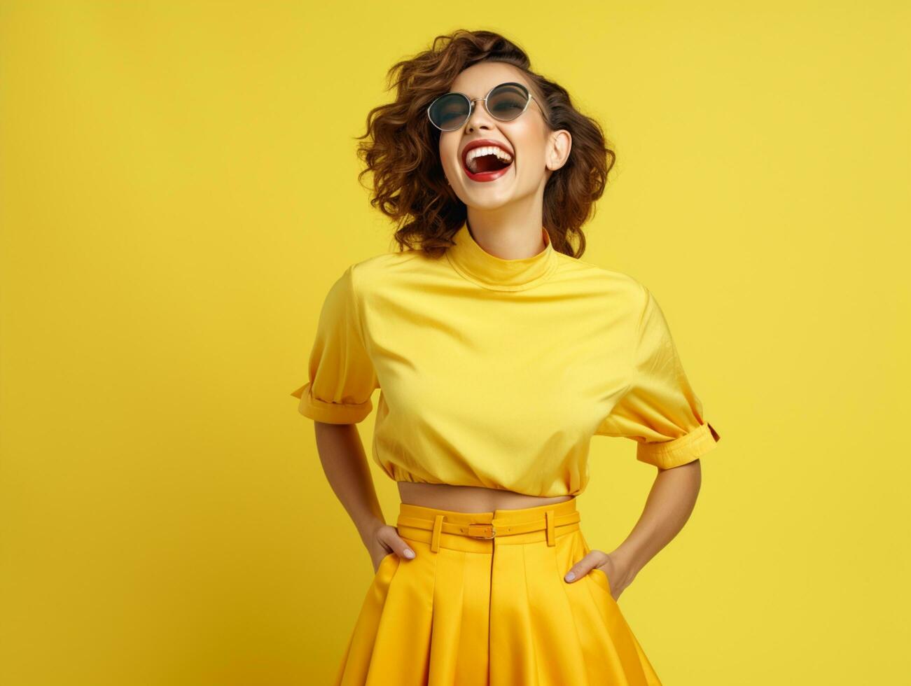 Cheerful Woman with Curly Hair in Retro-Styled Dress Against Yellow Background photo