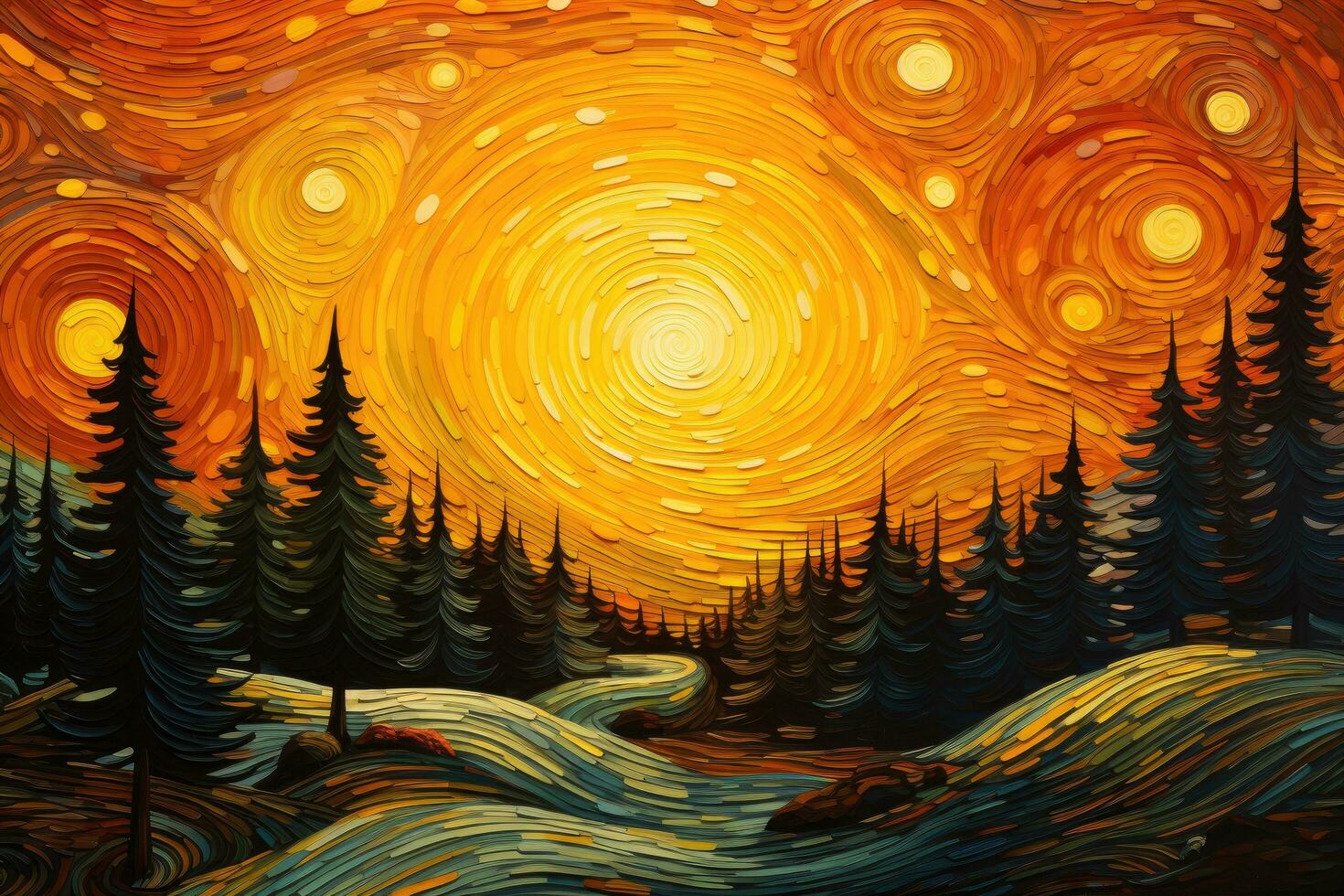 Beautiful sunset over the forest. Digital painting. Vector illustration, Forest landscape, swirling orange sky, empty background, colorful, Van Gogh style painting, AI Generated photo