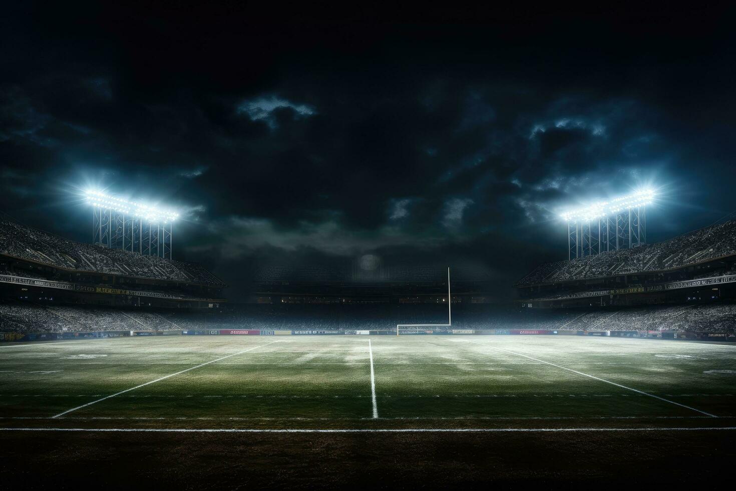 Empty soccer stadium at night with lights and smoke. 3D rendering, Football field illuminated by stadium lights, AI Generated photo