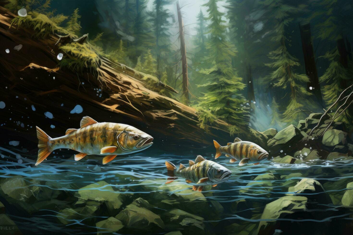 fantasía escena con dos peces nadando en un lago. 3d representación, peces Vamos para desove río arriba, ai generado foto