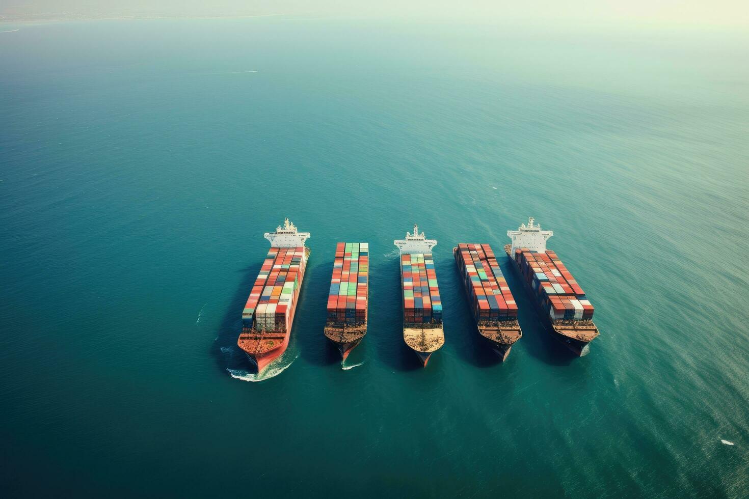 Aerial view of container ship in sea. Cargo freight ship, Four container ships sail across the ocean in this aerial photograph, AI Generated photo