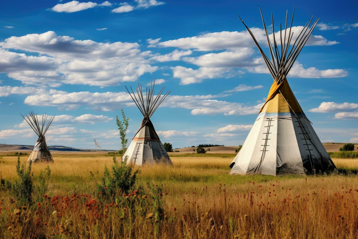 Traditional indian teepee in the prairie with blue sky and clouds, First Nations tipis on the open prairies of North America, AI Generated photo