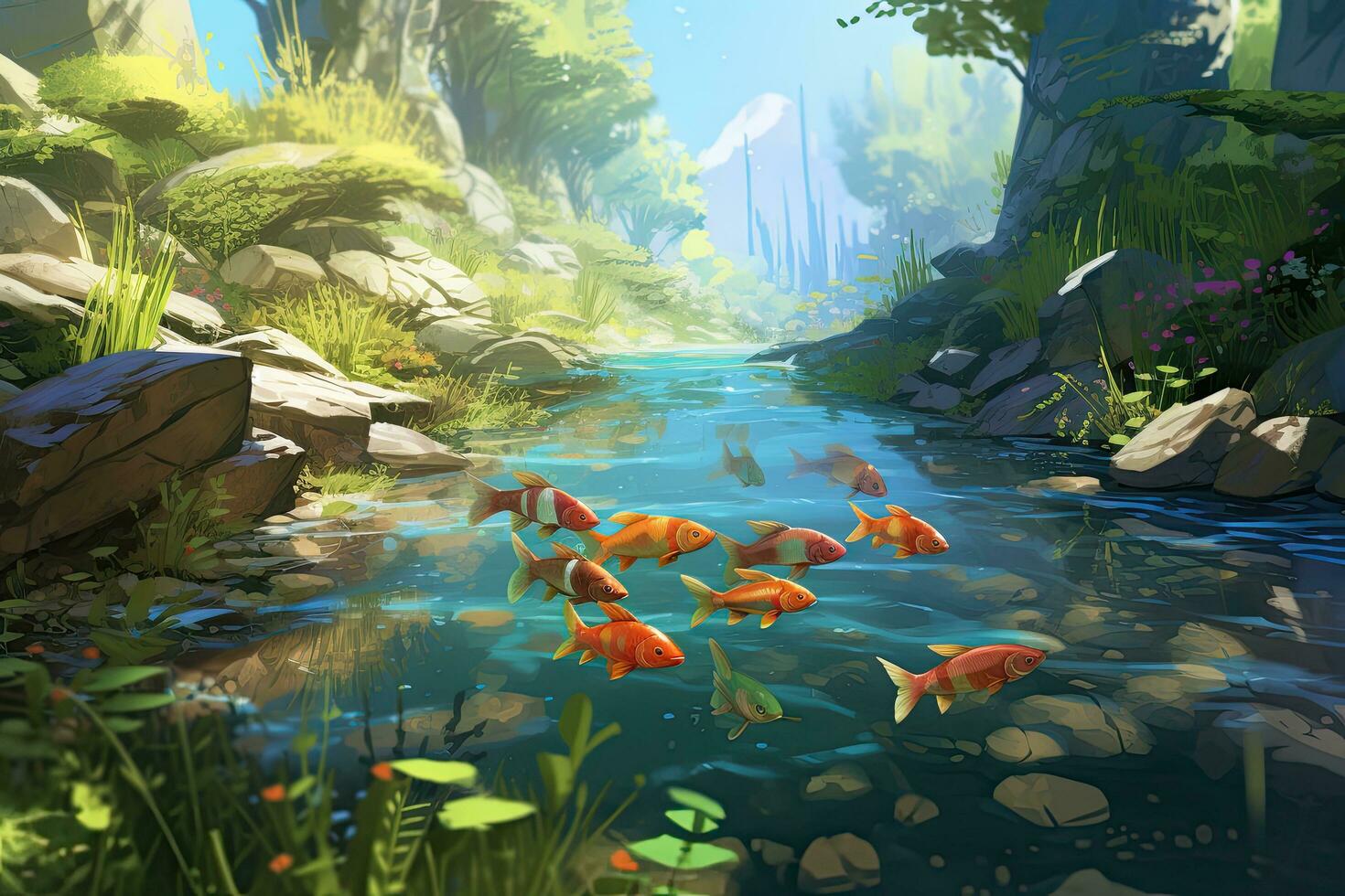 fantasía paisaje con peces nadando en el estanque. 3d representación, peces Vamos para desove río arriba, ai generado foto