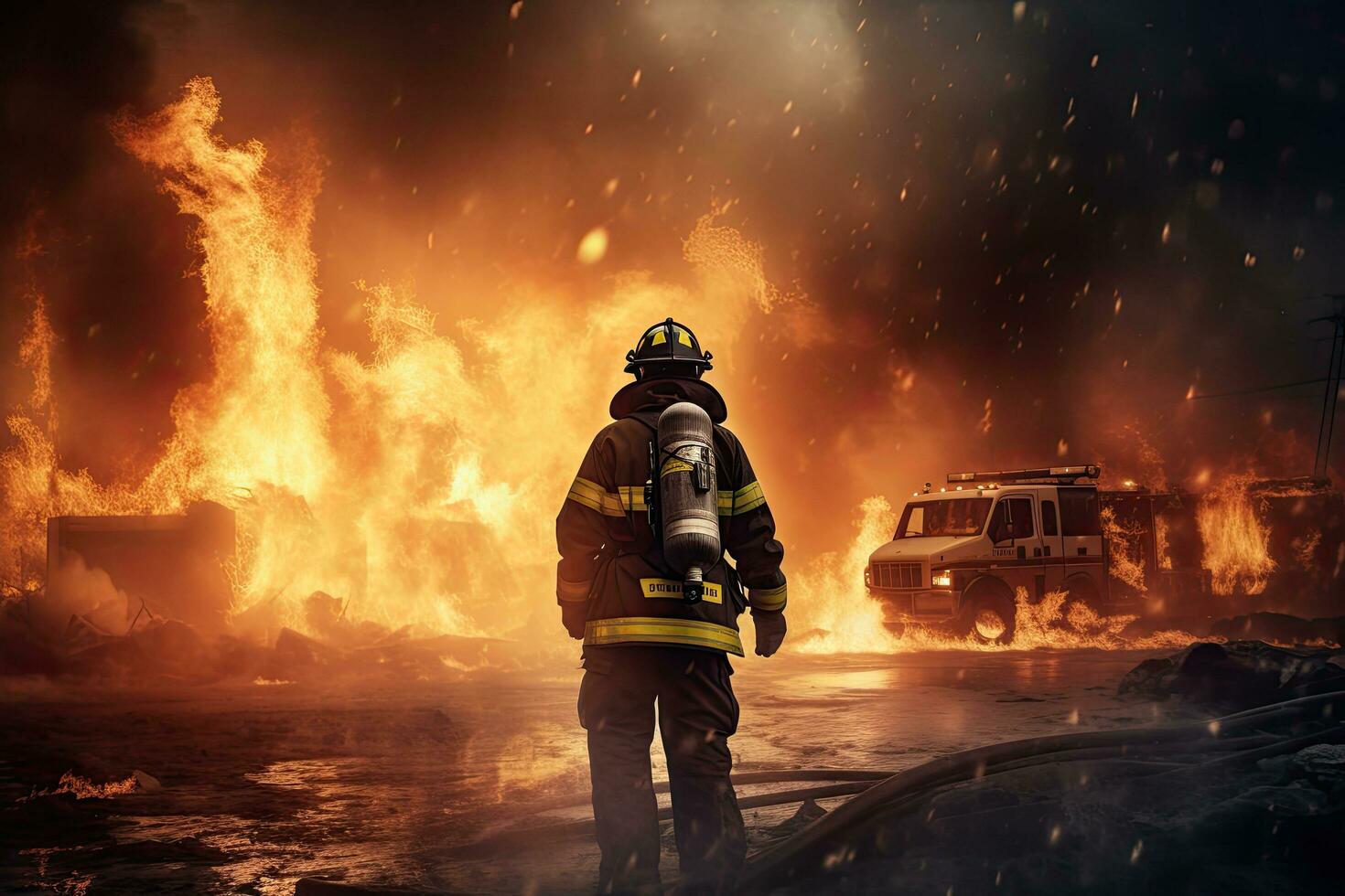 bomberos luchando un fuego en un ardiente edificio, conceptual imagen, bombero molesto a evitar el untado de natural desastre, ai generado foto