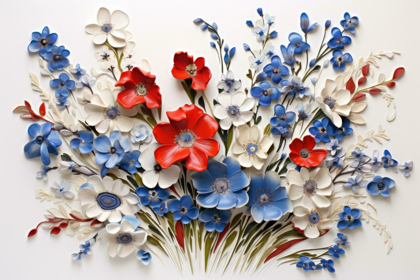Bouquet of spring flowers on white background, top view, floral painting with red, white, and blue flowers on a white background, AI Generated photo