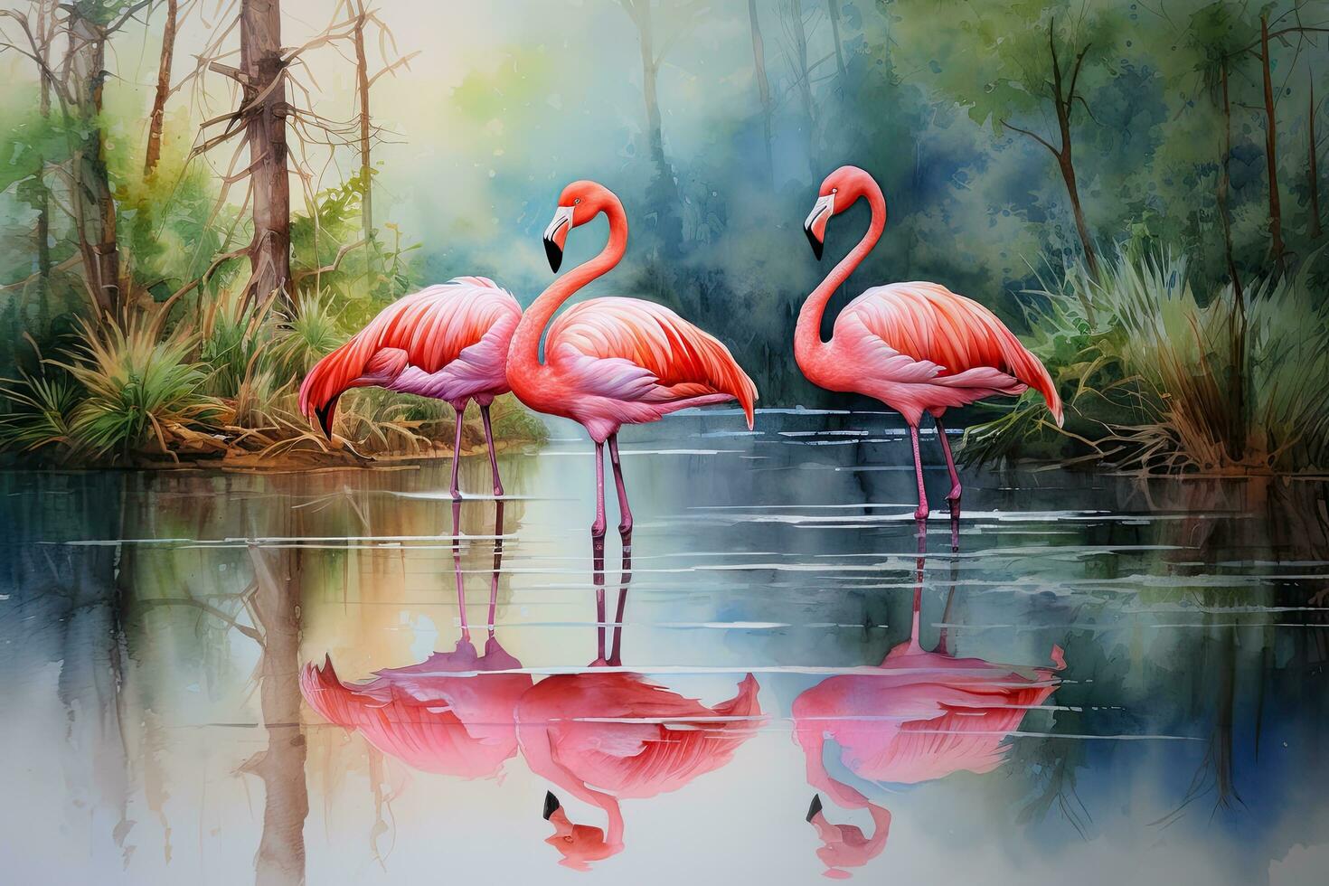 pink flamingo in the pond with water reflection, digital painting, Flamingos watercolor painting, AI Generated photo