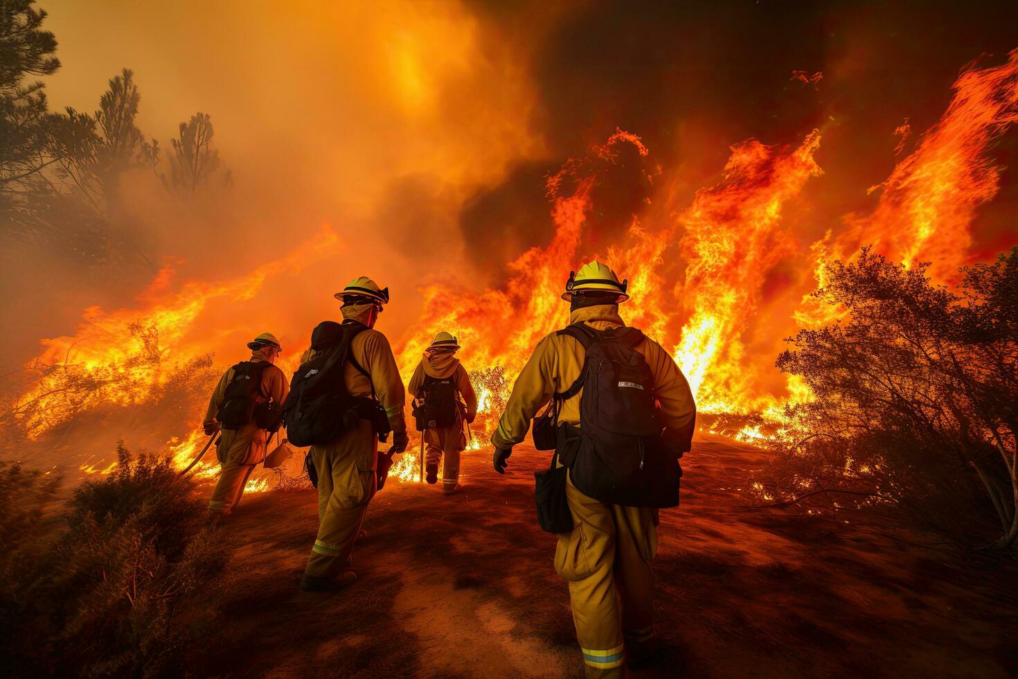 Firefighters extinguish a fire in the forest. Firefighters fighting a fire, Firefighter trying to prevent the spread of natural disaster, AI Generated photo