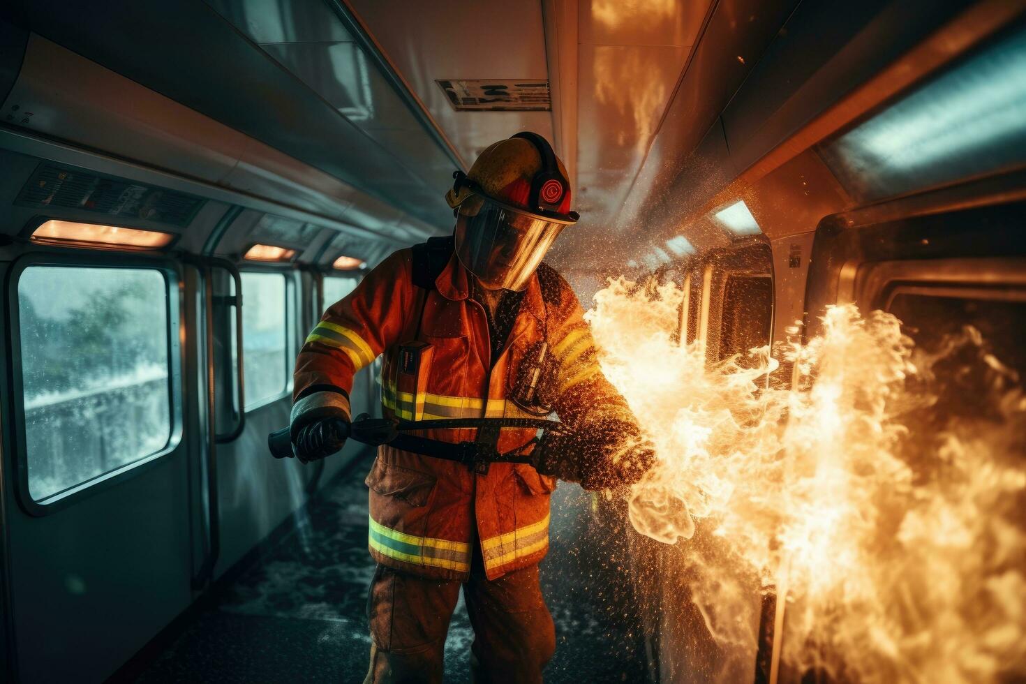 Firefighter in a fire fighting suit with a hose in his hand, fireman using water and extinguisher to fight fire flame in plane accident, AI Generated photo