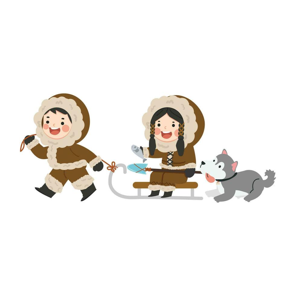 Happy eskimo man and woman with sleign vector