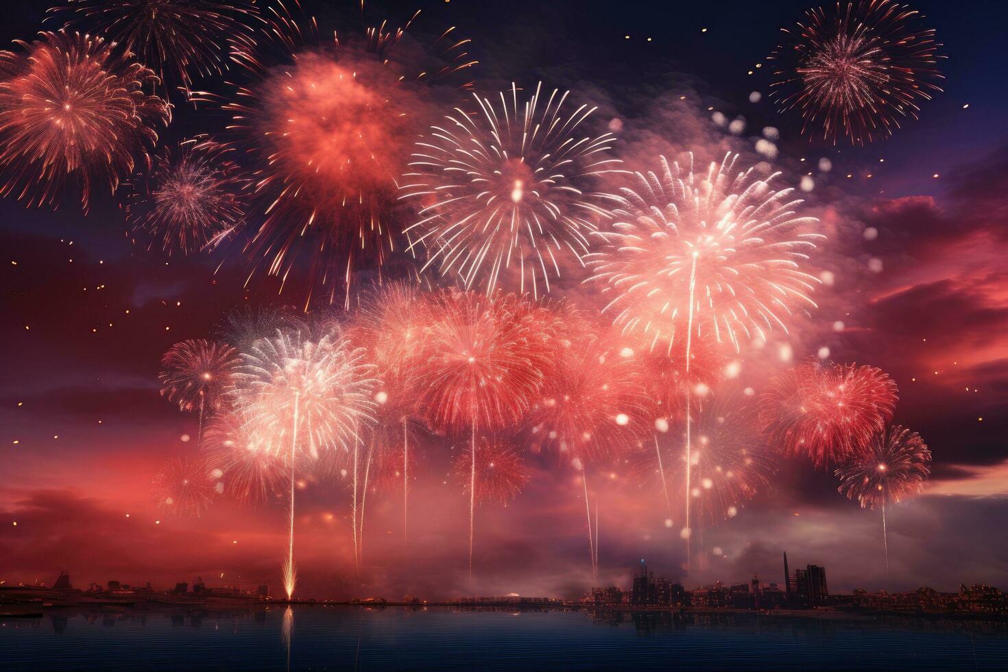 Colorful fireworks of various colors over night sky with cityscape background, fireworks in the sky, AI Generated photo