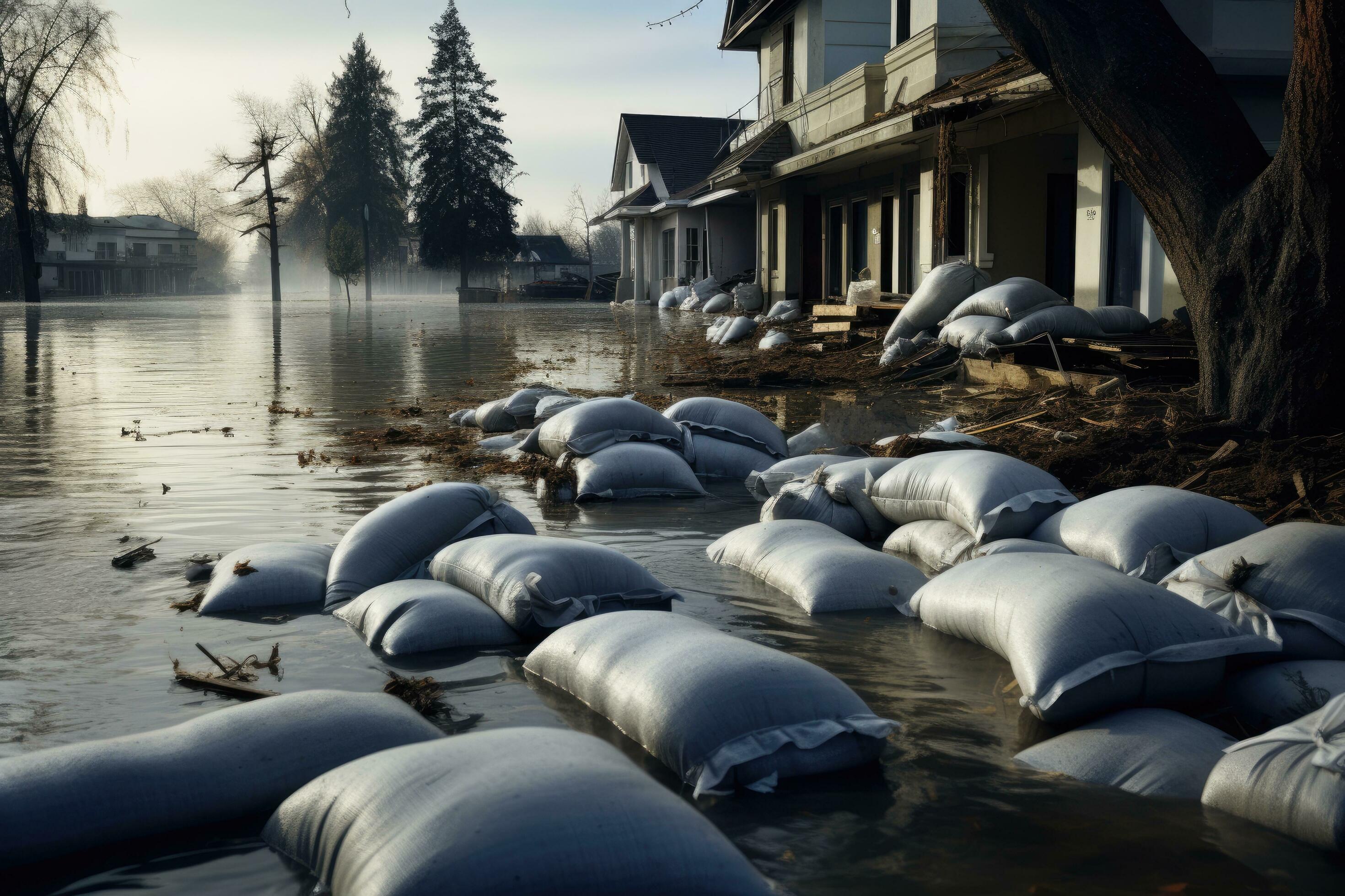 Pile of sandbags in the flood. Flooding the city, Flood Protection