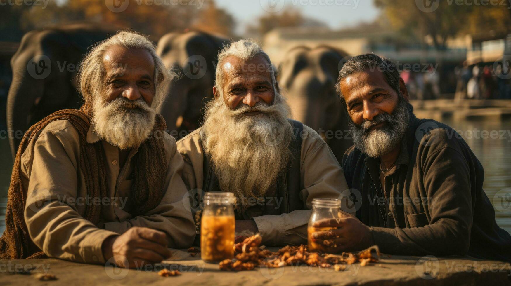 Unidentified Indian men on the banks of the Ganges river. photo