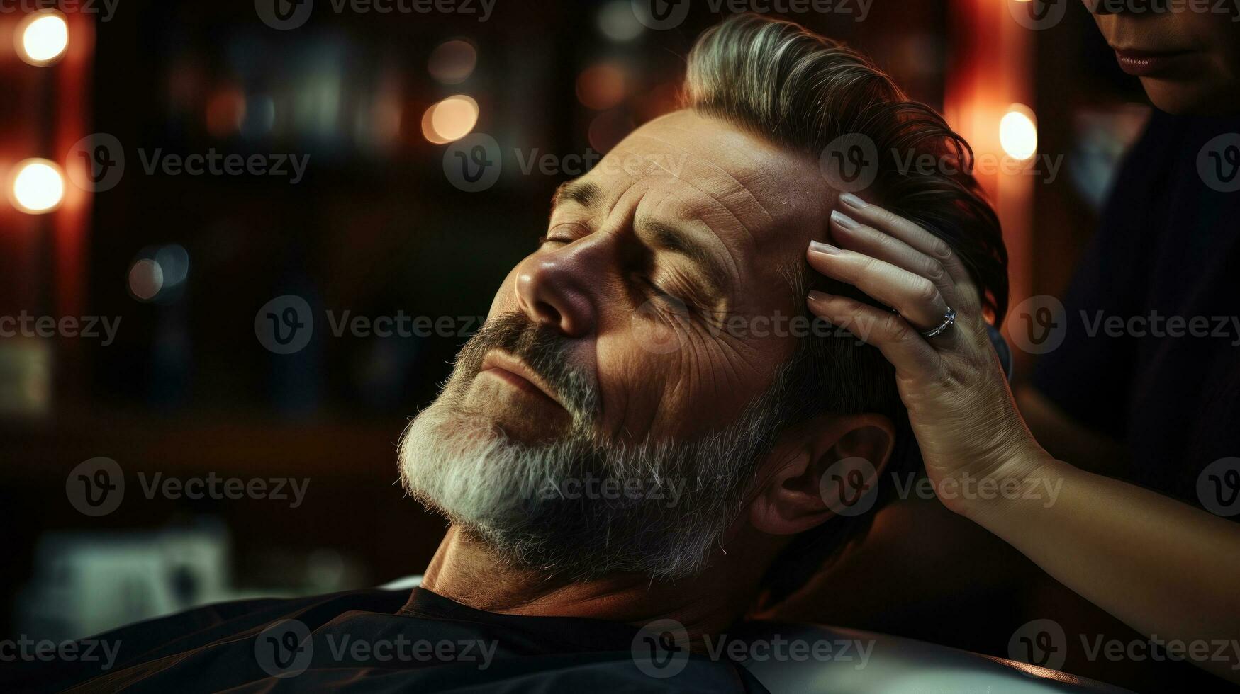 Handsome mature man having his hair cut at barbershop. photo