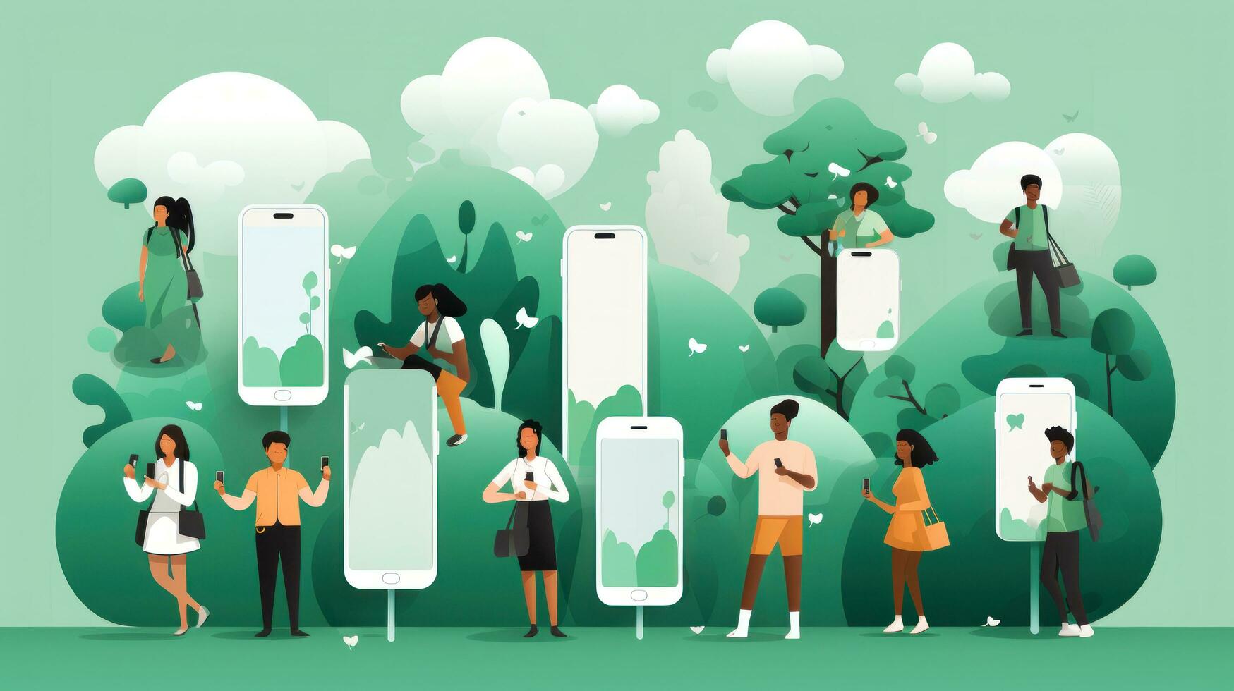 personas con teléfonos inteligentes y arboles en el parque. plano vector ilustración. foto