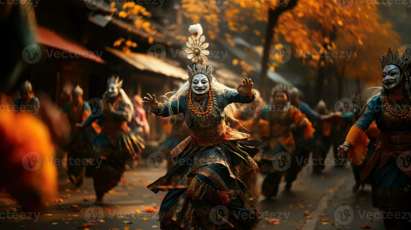 Unidentified people in traditional costume during the celebration of Nyepi festival. photo
