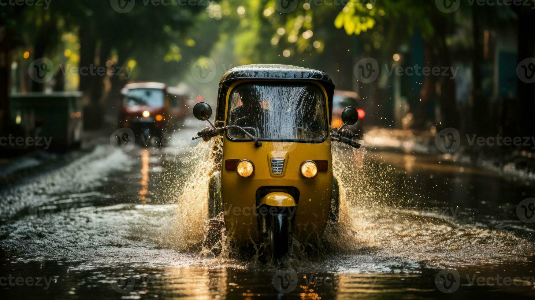 Tuk tuk driving through a flooded street during a flood caused by heavy rain. photo