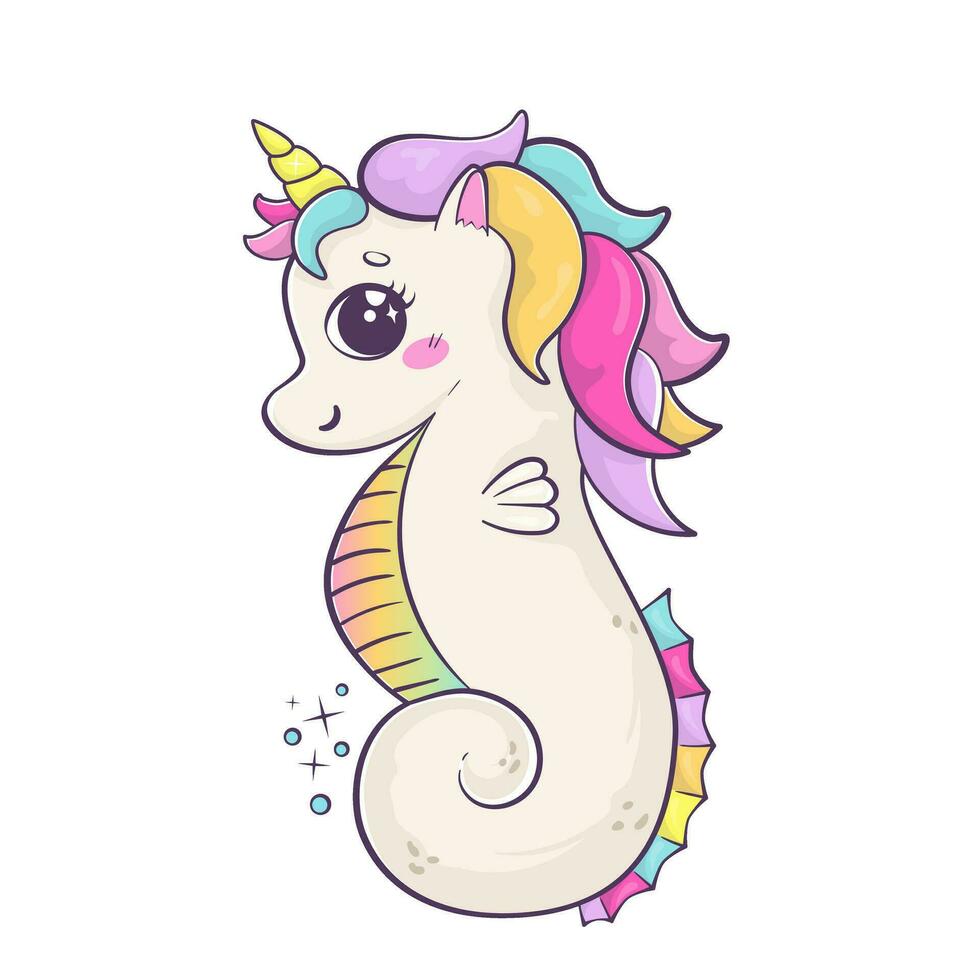 rainbow seahorse with unicorn horn. Funny cartoon kawaii character isolated on white background. vector