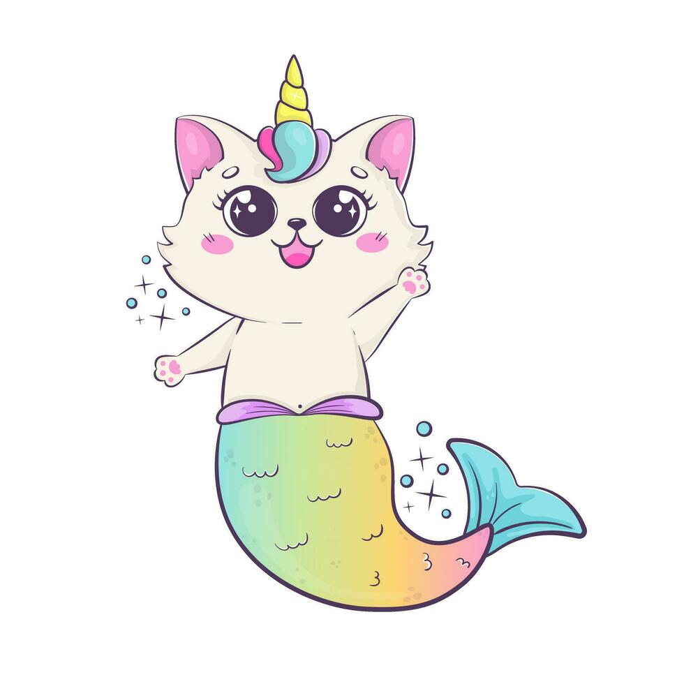 rainbow kitten mermaid with unicorn horn. Funny cartoon kawaii character isolated on white background. vector