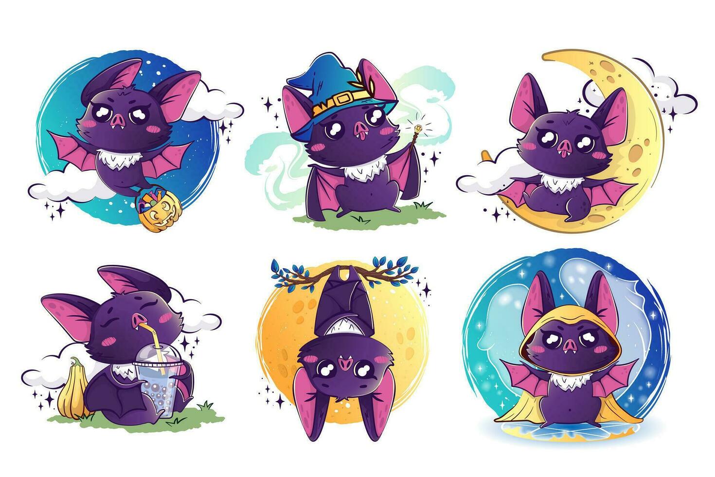 Set of cute kawaii bats. Cartoon bats wizard, occultist, Halloween character, drinks bubble tea, sleeps and flies against the background of the moon. Products for children vector