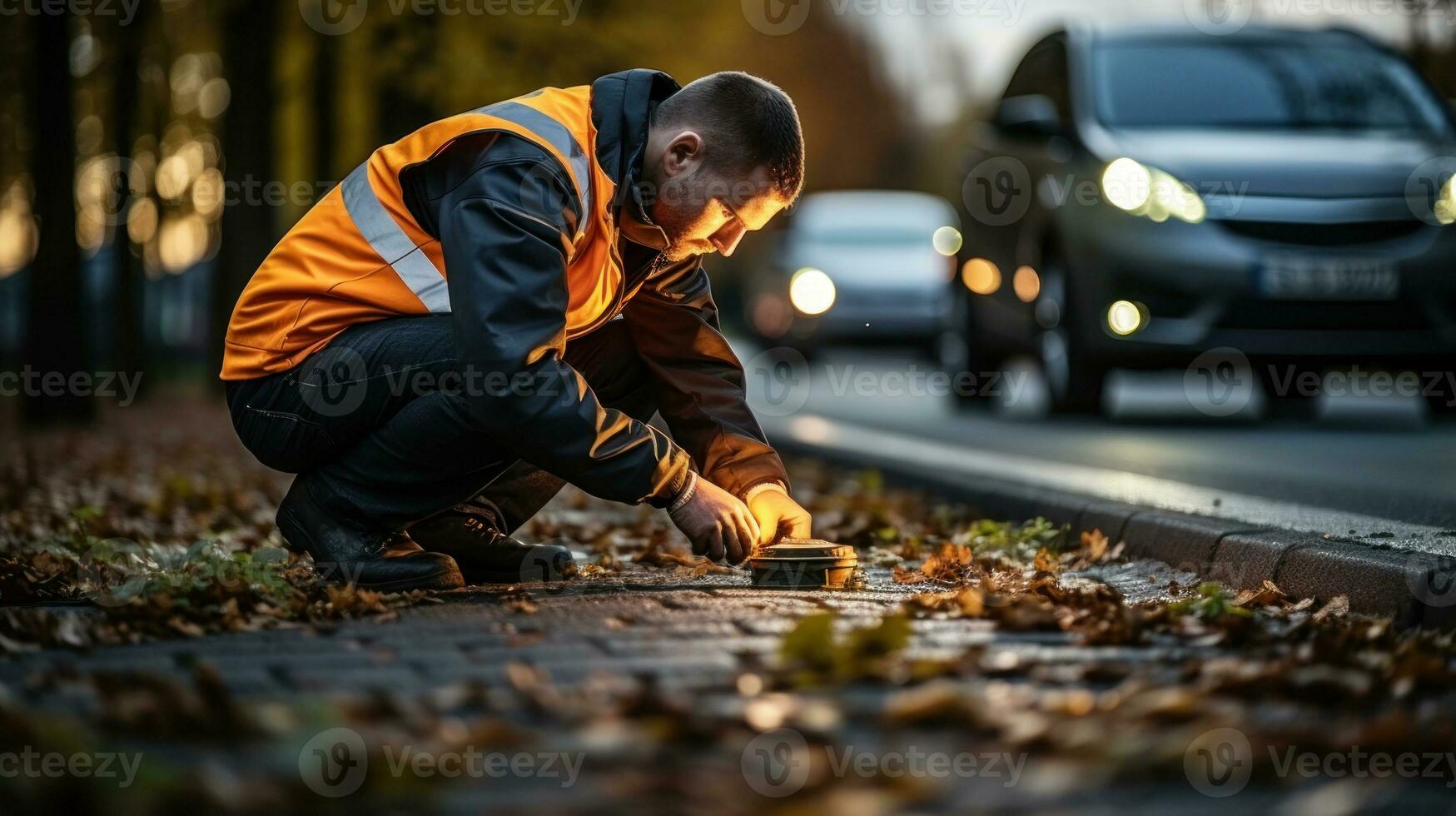 Young service man cleaning the road service. photo