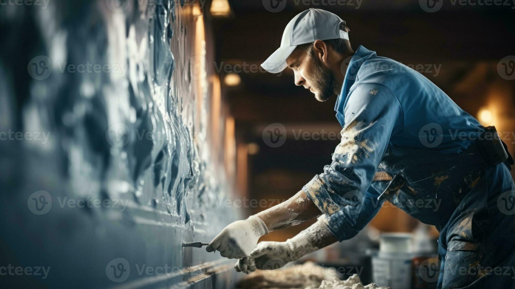 Portrait of a male worker in a blue uniform and a white cap working painter. photo