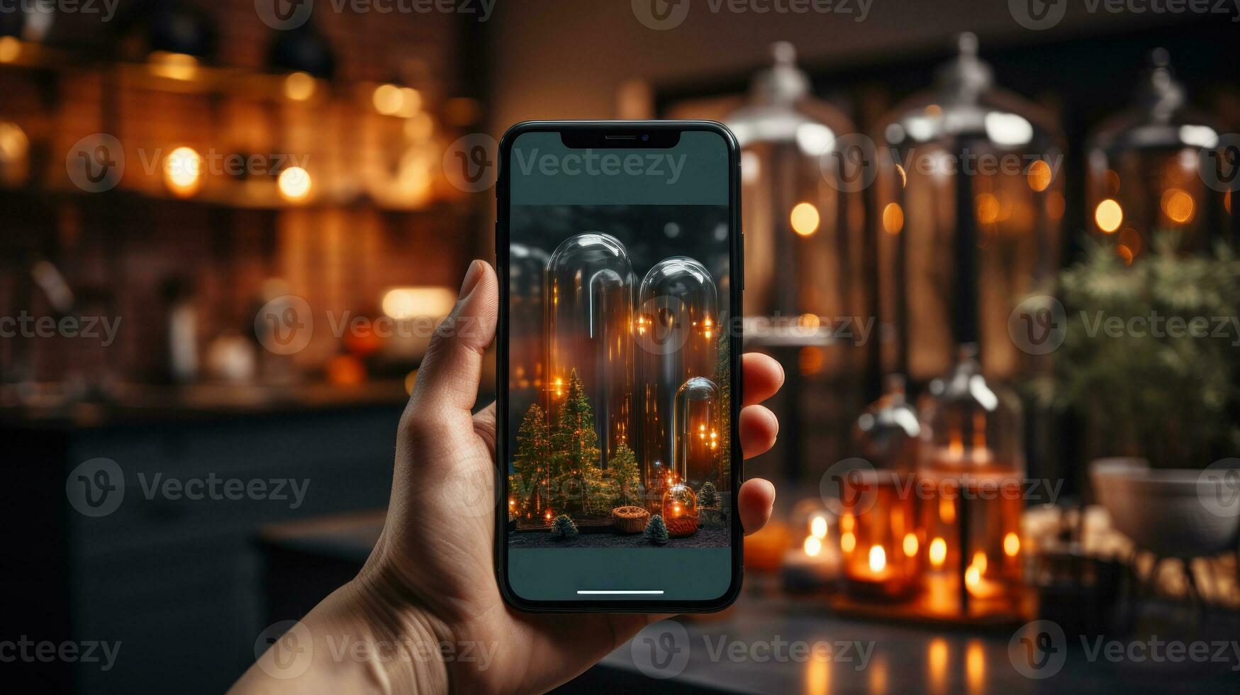 Woman taking photo with mobile phone in kitchen at night. Smartphone screen at hand.