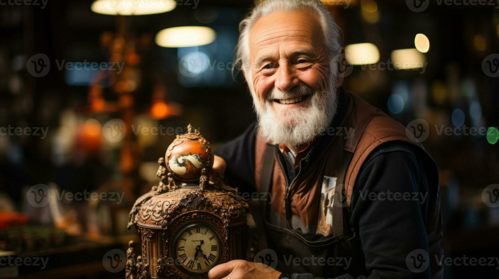 Cheerful senior clock maker and repairer man holding an antique clock in a workshop. photo