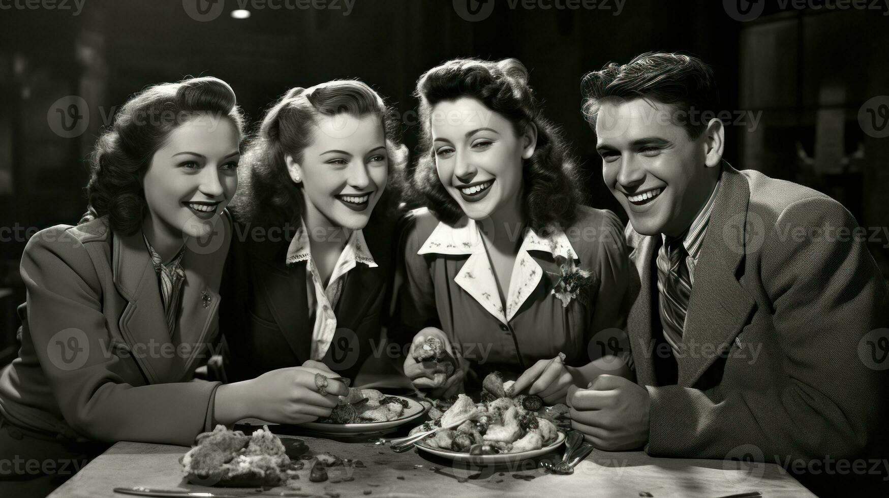 retro Clásico foto de grupo contento joven personas teniendo cena en un restaurante. negro y blanco.