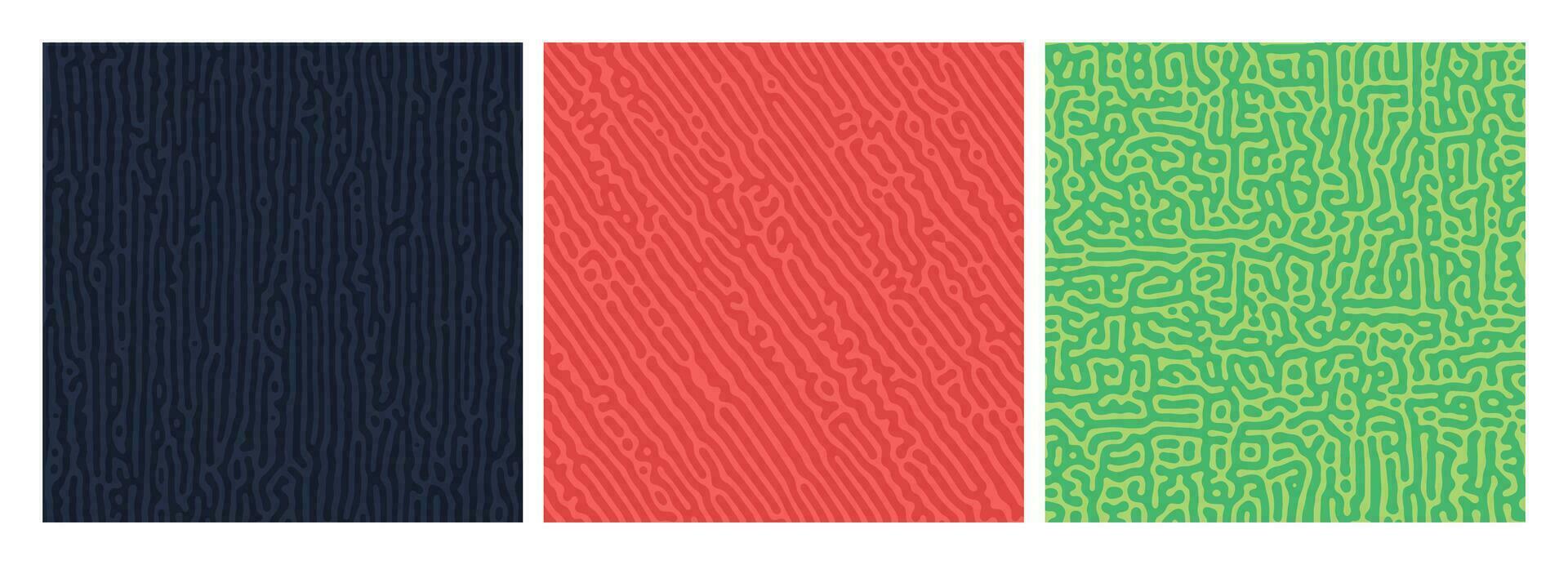 Set of three colorful turing reaction gradient backgrounds. Abstract diffusion pattern with chaotic shapes. Vector illustration.