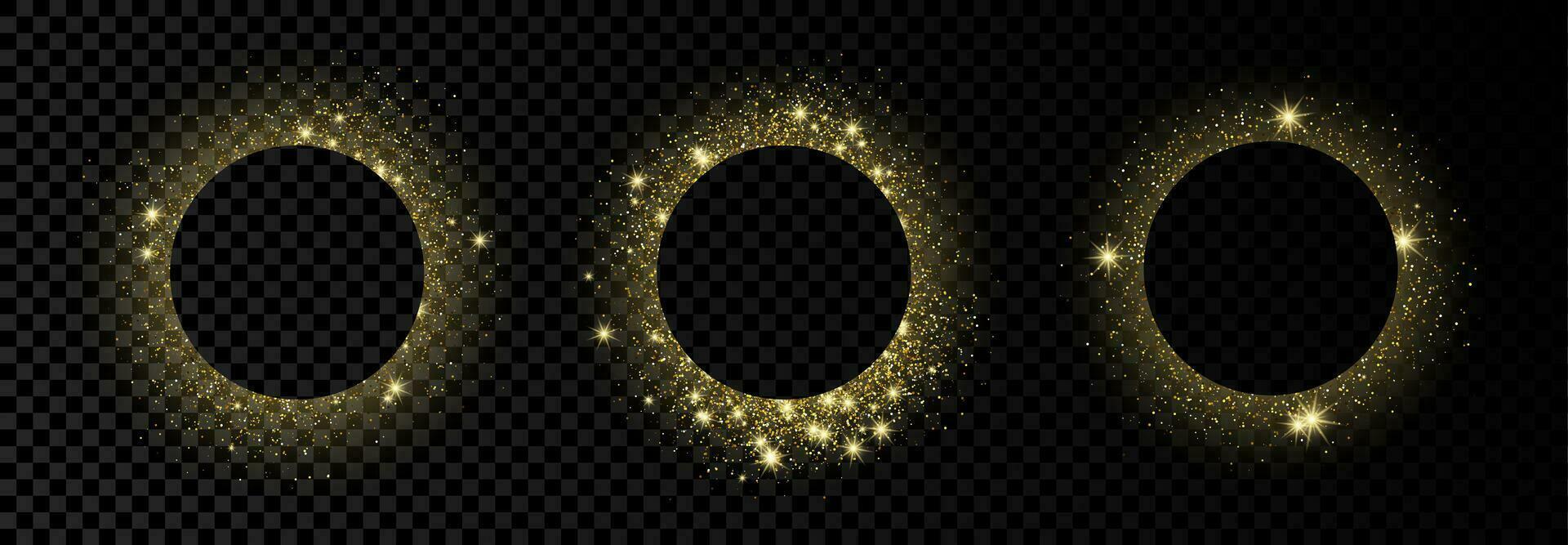 Set of three golden circle frames with glitter, sparkles and flares on dark background. Empty luxury backdrop. Vector illustration.