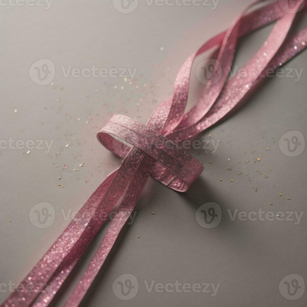 Pink ribbon on a gray background with confetti. Top view. AI Generative photo