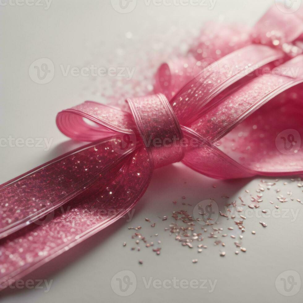 Pink ribbon on a white background with sparkles, close-up. AI Generative photo