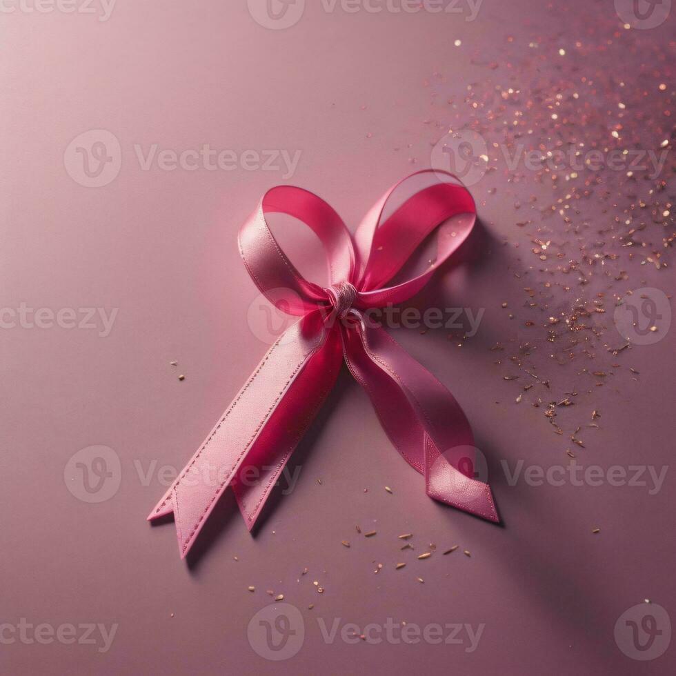 Pink ribbon on a pink background, top view. AI Generative photo