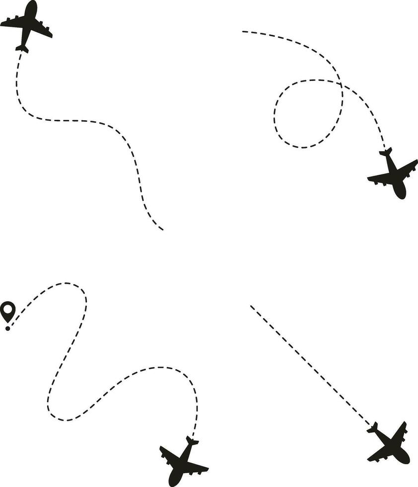 Airplane Dotted Route In White Background. With Flight Location Pin. Vector Illustration Set.