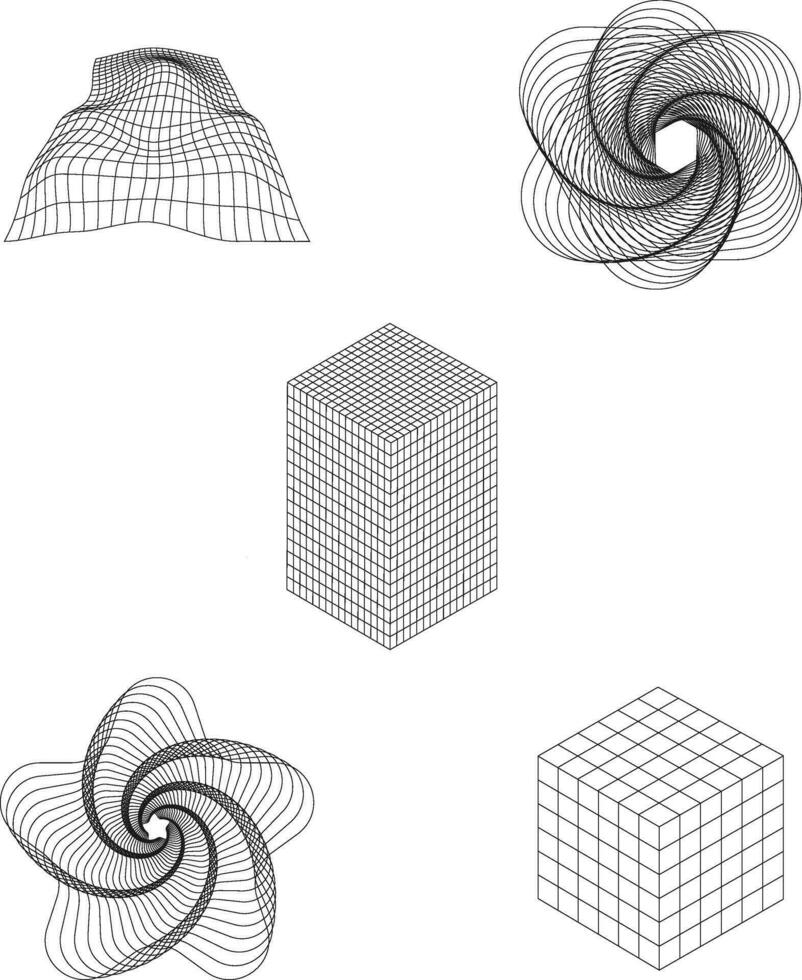 Futuristic Wireframe Shape With Wave Lines. Isolated Vector Set.