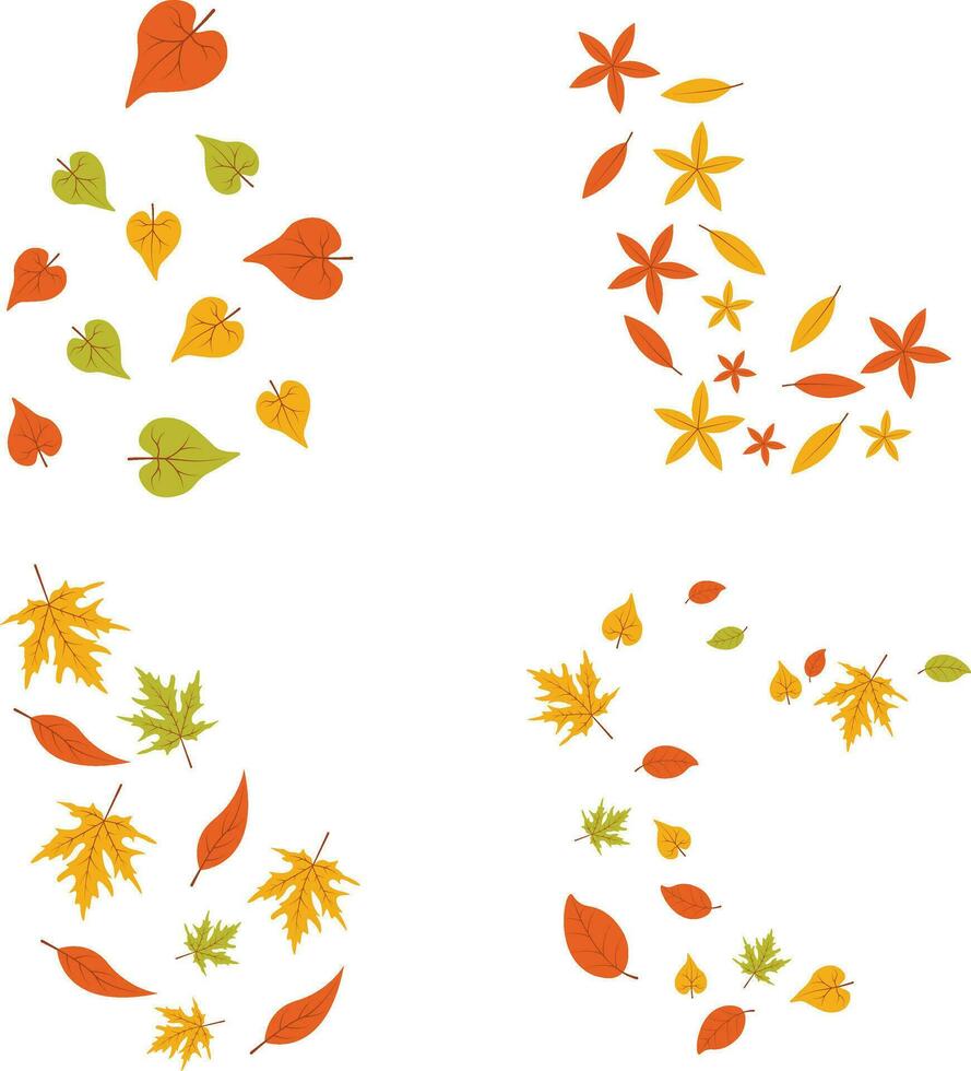 Fallen Autumn Leaves With Colorful Design. Vector Illustration Set.