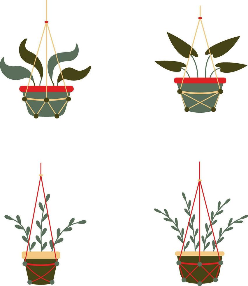 Hanging Potted Plant With Flat Design. Isolated Vector Set.