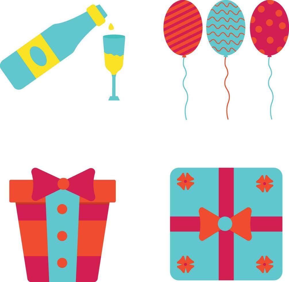 New Year Party In Flat Design. Vector Illustration Set.