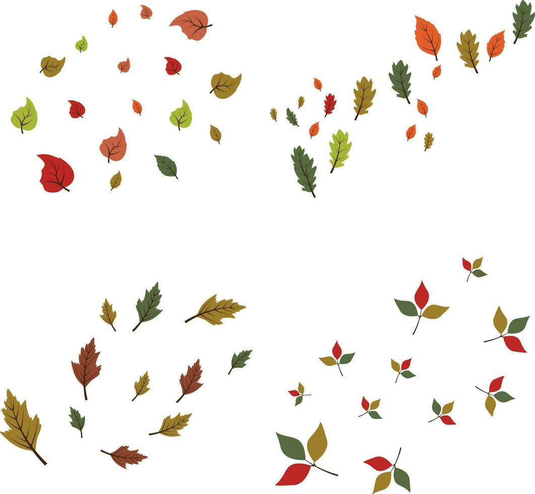 Fallen Autumn Leaves In White Background. Vector Illustration Set.